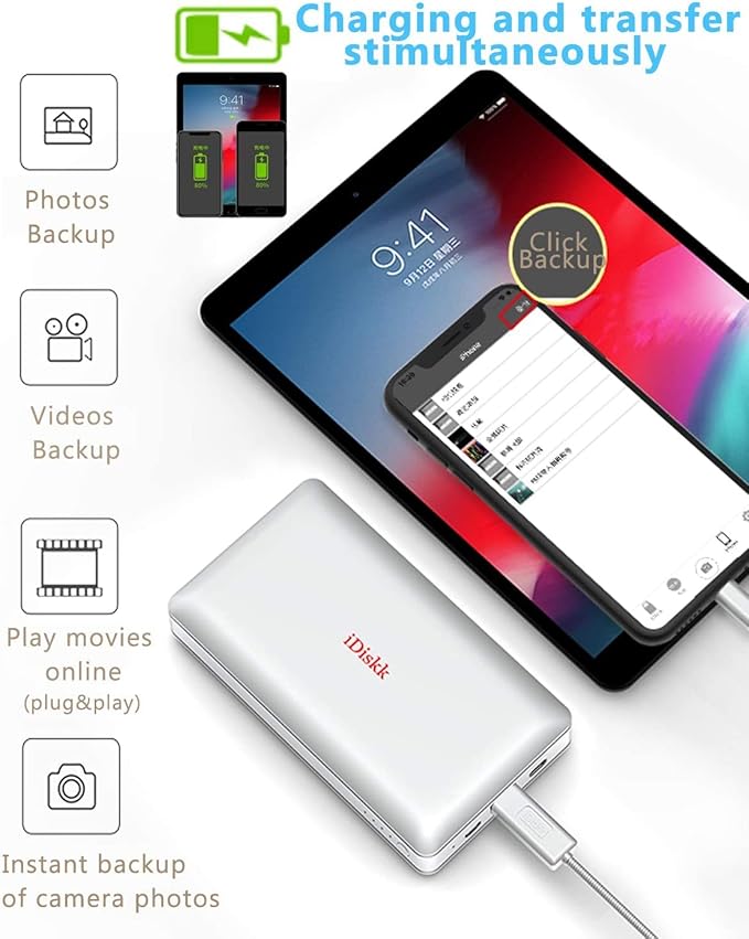 iDiskk App-le Mfi Certified 2TB External Hard Drive for Photo Stick for iPhone 17 and 16,iPad Android Phones, Mac,iPhone Photo Stick Photo Storage to Backup Photos | Videos | Files,10000mAh Power Bank