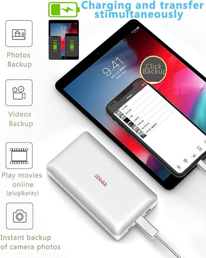 iDiskk App-le Mfi Certified 2TB External Hard Drive for Photo Stick for iPhone 17 and 16,iPad Android Phones, Mac,iPhone Photo Stick Photo Storage to Backup Photos | Videos | Files,10000mAh Power Bank