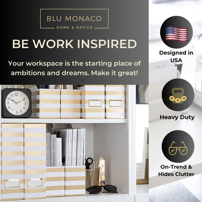 BLU MONACO Set of 4 Gold & White Striped Magazine File Boxes with Gold Label Holders – Stylish File Organizer Box for Desk, Office Supplies, File Folder Holder, and Book Organizer