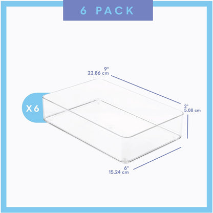 Plastic Clear Drawer Organizers. Bathroom. Kitchen, Bedroom, Utensils, Office Organizer Bins, Storage Trays. Stackable. 9" x 6" x 2" Set of 6