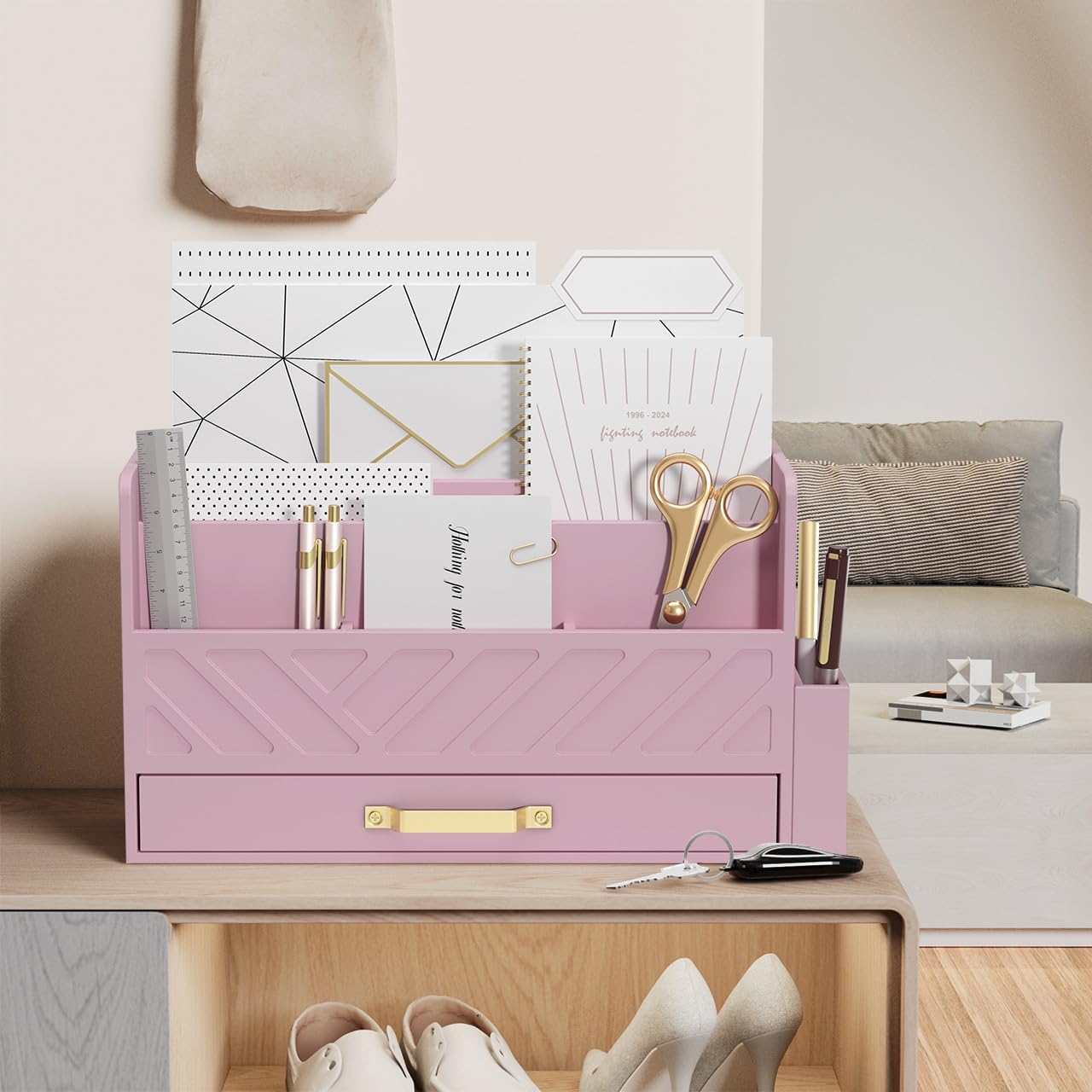 Bamboo Desk Organizer Mail Holder Countertop Wood Desk Drawer Tabletop Storage Box Pen Holder Letter Sorter Makeup Organizer for School Home Office Supplies with Pen Holder Pink