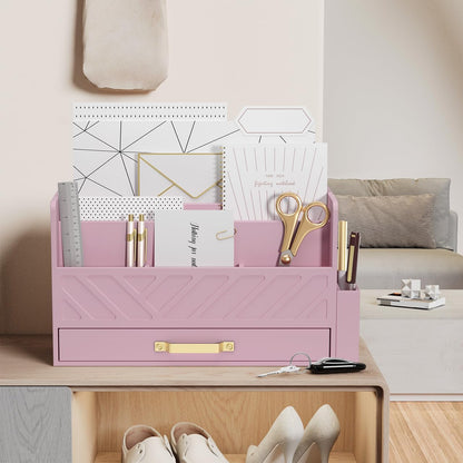 Bamboo Desk Organizer Mail Holder Countertop Wood Desk Drawer Tabletop Storage Box Pen Holder Letter Sorter Makeup Organizer for School Home Office Supplies with Pen Holder Pink