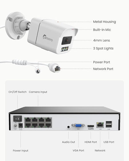 4K PoE Security Camera System, 4 Pcs Metal Casing Wired Cameras with 4K 8CH NVR & 2TB HDD, Smart Human/Vehicle/Pet/Parcel Detection, 100ft Night Vision, H.265+ 24/7 Recording for Home