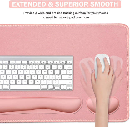 4-in-1 Large Gaming Mouse Pad, Keyboard Wrist Rest Pad & Wrist Support Mousepad Set, Extended Desk Pad Waterproof Desk Mat for Home Office Study Game-Pink