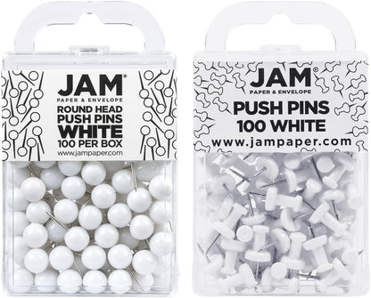 JAM PAPER Colorful Push Pins - Flat & Round Head Thumb Tack Combo Set - White Pushpins - 200/Pack