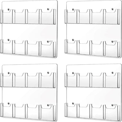 Weysat 4 Pcs Acrylic Brochure Holder Wall Mount 8 Pockets Pamphlet Holder 4" Wide Clear Plastic Trifold Flyer Display Stand Multi Slot Literature Postcard Rack Hanging Rack for Offices Waiting Room