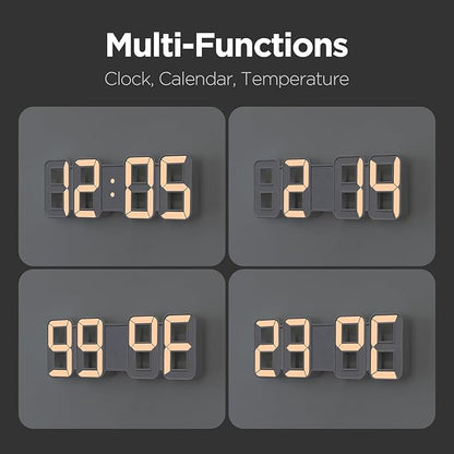 mooas 3D Pure mini White Gold LED Clock, Multi-Function LED Clock (Calendar, Alarm, Temperature) (8.5" White Gold Table Alarm Clock)