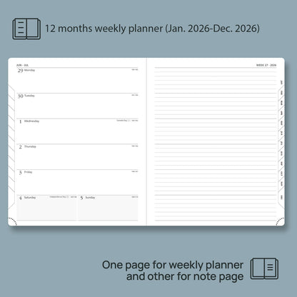 POPRUN Weekly Planner 2026 (Large 8.5" x 10.5") Calendar 12 Months Notebook with Horizontal Layout, Leather Soft Cover, Monthly Tabs, Inner Pocket, 100GSM Thick Paper, Pen Holder - Petrol Green