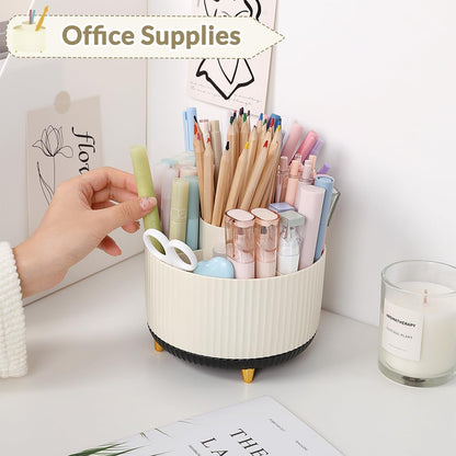 SKYDUE 360 Rotating Organizer, Dual-Purpose Pencil Pen Holder, 5-Slot Rotating Pencil Cup for Office, School, Home (Beige-Black)