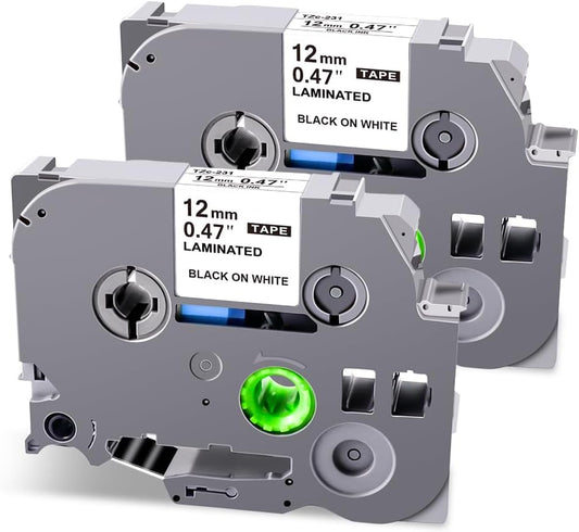 UNOKA Ptouch Tape 12mm 0.47 White Laminated Compatible with Brother Label Maker PTH110 PTD220 PTD210, TZe TZ Tape TZe-231 Black Ink on White Refills, Waterproof, Indoor/Outdoor Use, 2 Pack