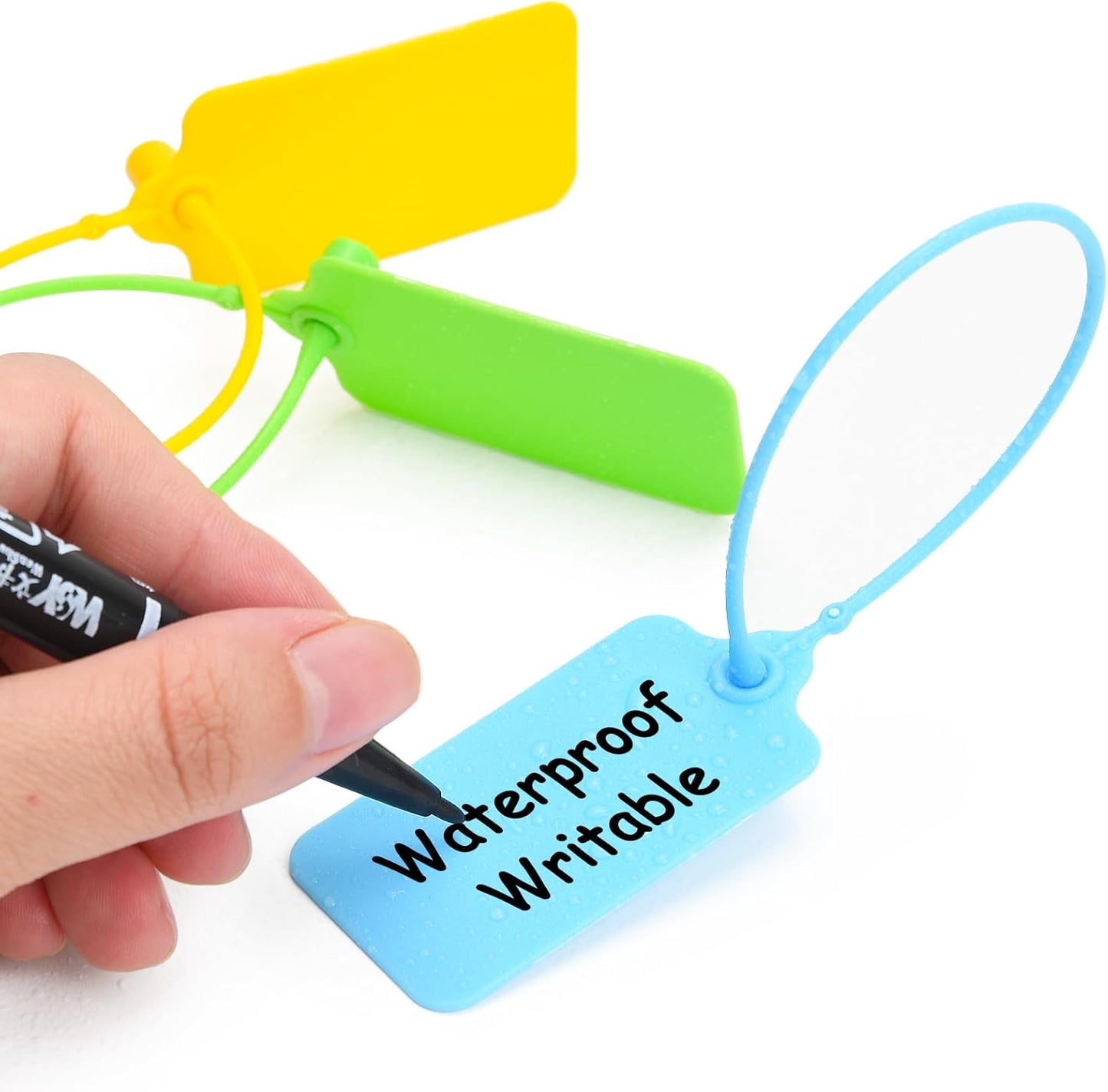 50 Blank Plastic Tags for Labeling Waterproof Hanging Labels Writable Tags Seal Plastic Marking Label for Clothes Bags Keys Inventory with One Marker Pen (Mixed 5 Color)