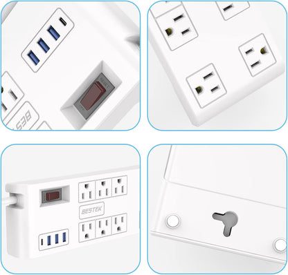 BESTEK 8 AC Outlet, 12 Feet Extension Cord Power Strip with 3 USB-A 2.4A 1USB-C 3A, MAX Output 1625W 13A, 600Joule, Ultra-Compact Wide Spaced Outlet for Large Plug