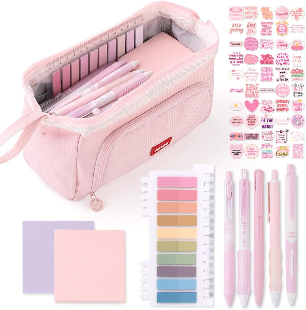 HVOMO Stationery Set,1 large-capacity pencil case,5 quick-drying pens,50 waterproof stickers,2 sticky note pads(200 sheets),1 set of 10-color index labels (200 sheets),Student stationery gift(Pink)