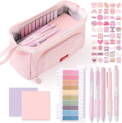 HVOMO Stationery Set,1 large-capacity pencil case,5 quick-drying pens,50 waterproof stickers,2 sticky note pads(200 sheets),1 set of 10-color index labels (200 sheets),Student stationery gift(Pink)