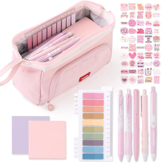 HVOMO Stationery Set,1 large-capacity pencil case,5 quick-drying pens,50 waterproof stickers,2 sticky note pads(200 sheets),1 set of 10-color index labels (200 sheets),Student stationery gift(Pink)