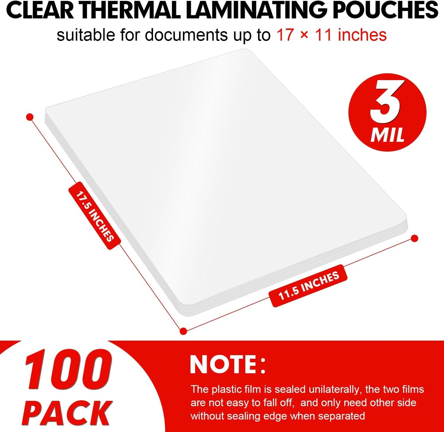 Laminating Sheets, 100 Pack Clear Thermal Laminating Plastic Paper Hold 11 x 17 Inch Sheet, 3 Mil Lamination Sheet Paper for Laminator, Round Corner
