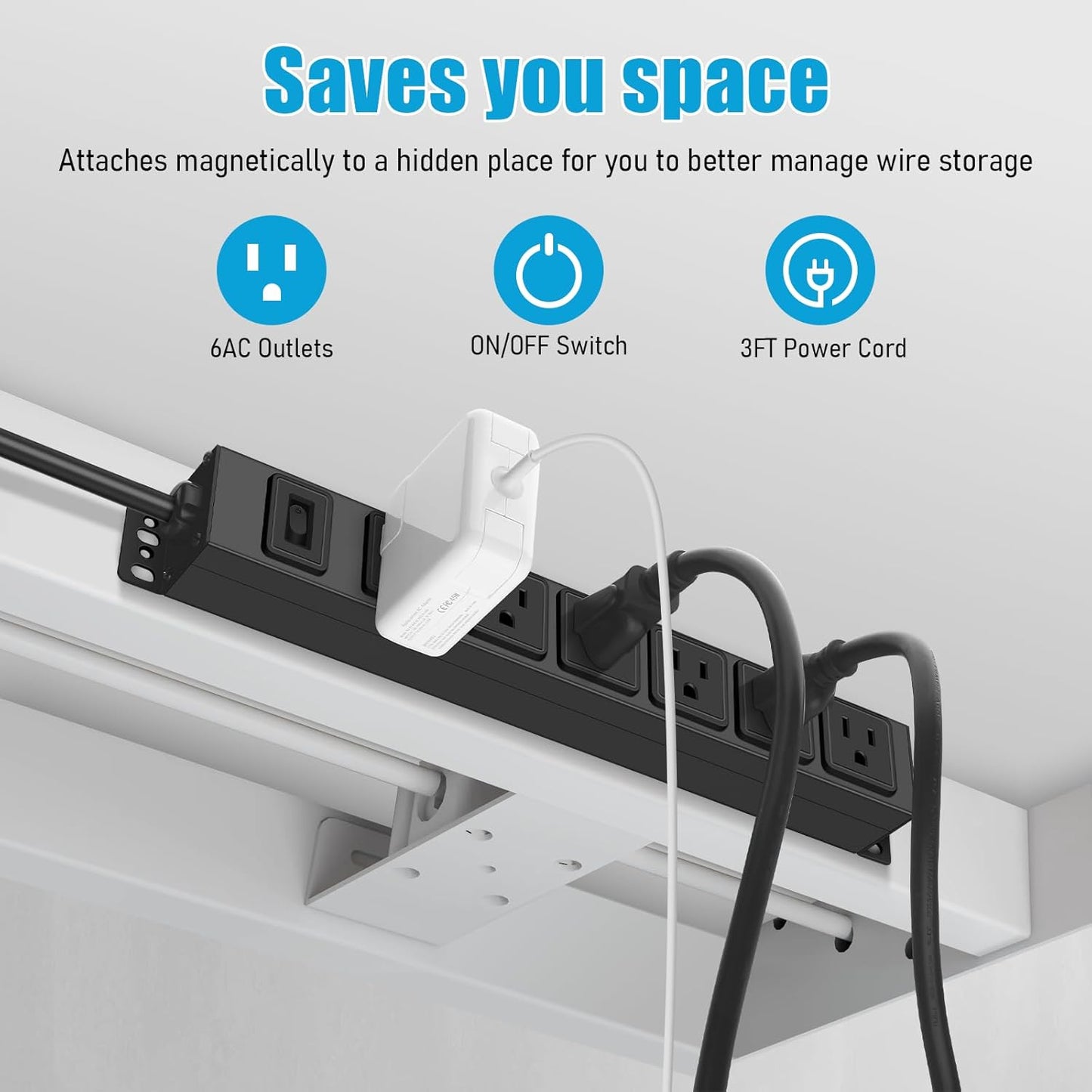 Magnetic Wall Mount Power Strip, Under Desk 6 Outlet Mountable Socket, Metal Long Heavy Duty Surge Protector for Garage, Gaming Table Or Workspace, 3FT Extension Cord.