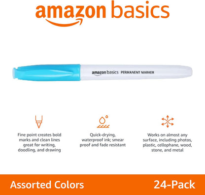 Amazon Basics Fine Tip Point Permanent Markers for Office, School, and Home Use, Assorted Colors, 24 Pack