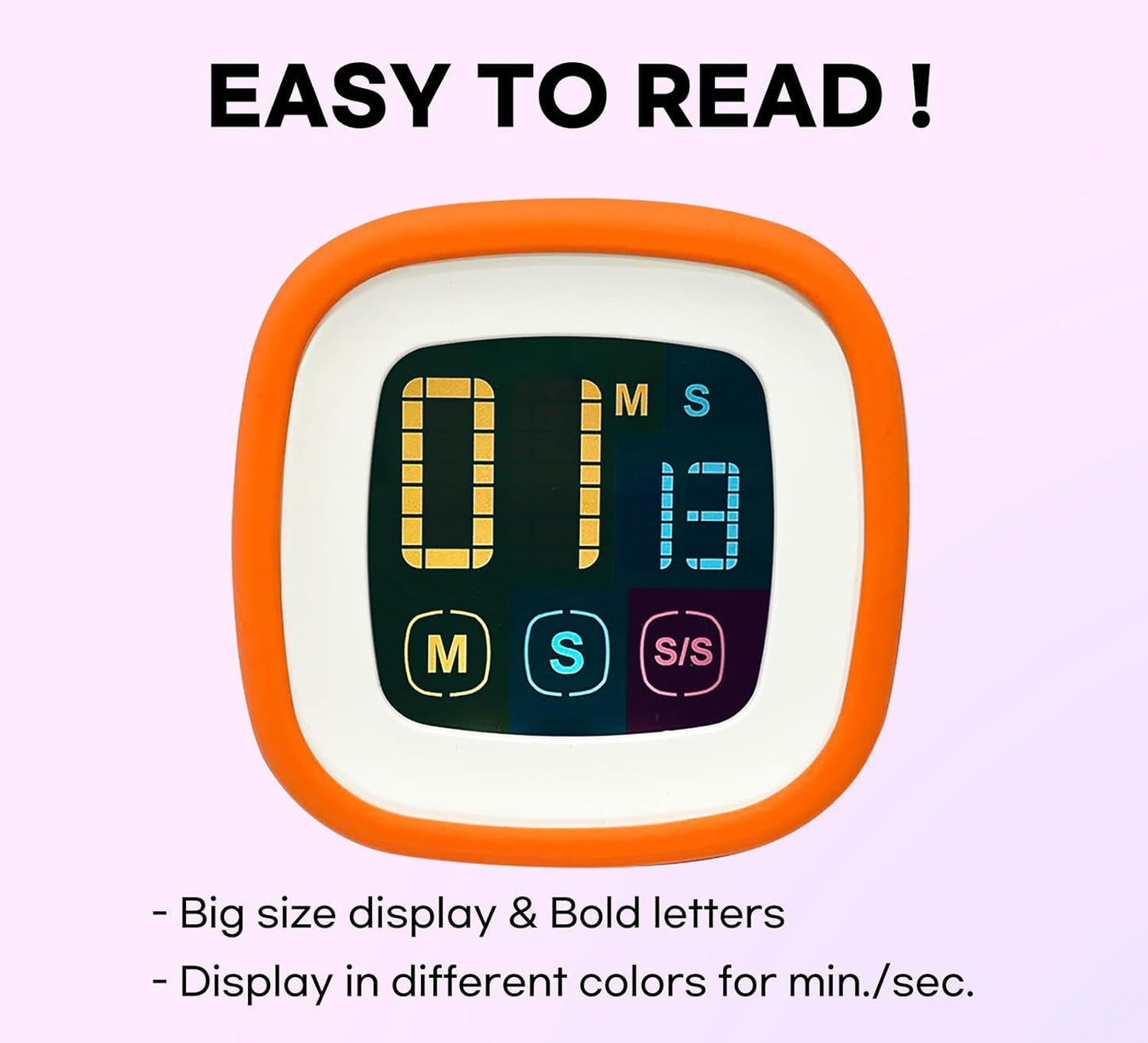 Digital Kitchen Timer, Countdown, Countup, Protective Rubber case, Large Display with Color Bold Digits, Touch Control, Backlit, Magnetic Kickstand, Loud Alarm, Auto Memory (Orange)