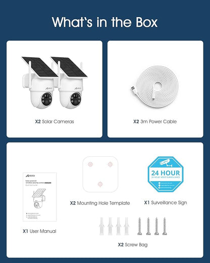 ANRAN 5MP Solar Security Cameras Wireless Outdoor, 2.4G WiFi Camera for Home Security with Fixed Solar Panel, 360° PTZ for Home Surveillance, PIR Human Detection,Color Night Vision, 2-Way Talk,2-Pcs