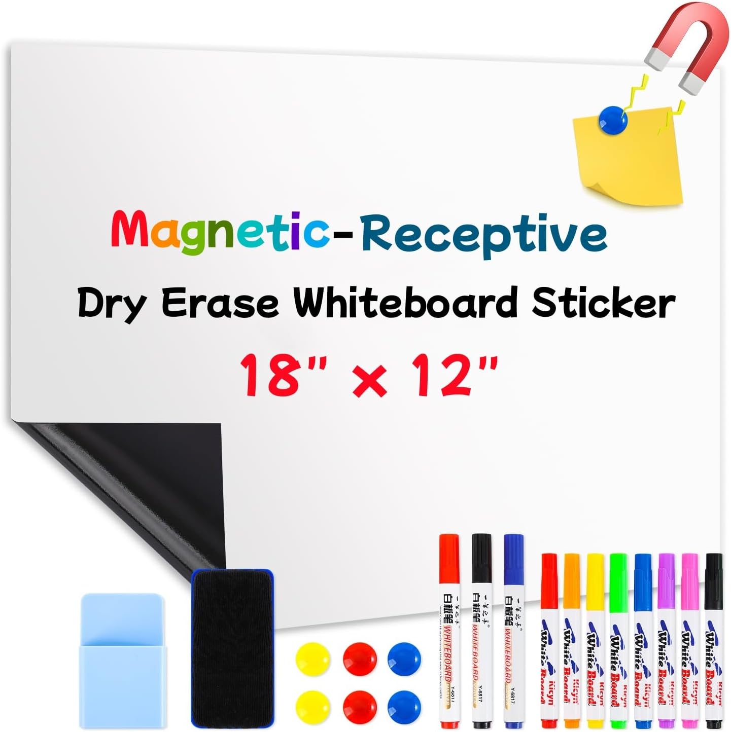 Magnetic Dry Erase Whiteboard 18"x12"- Self-Adhesive Flexible Wall Board Kit with 11 Markers, 6 Magnets, Magnetic Eraser & Holder - Ultra Smooth Writing,Effortless Clean for Office, Home, School