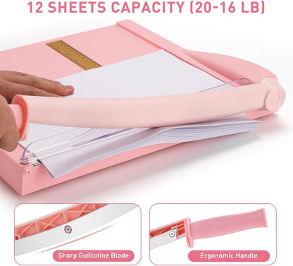 Paper Cutter, Paper Trimmer with Safety Guard, 12" Cut Length Paper Slicer with 16 Sheet Capacity Paper Cutting Board,Guillotine Paper Cutters and Trimmers for Cardstock Cardboard Vinyl (Pink)