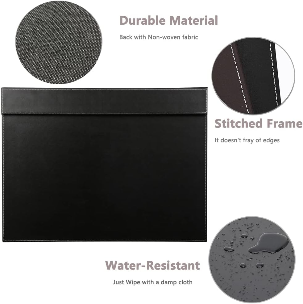 KINGFOM Ultra-Smooth PU Leather Desk Pad & Mat Office Desk Drawing & Writing Board A3/ A4 File Paper Clip Table Protector Mat on Top Large 24''x18'' (Black)