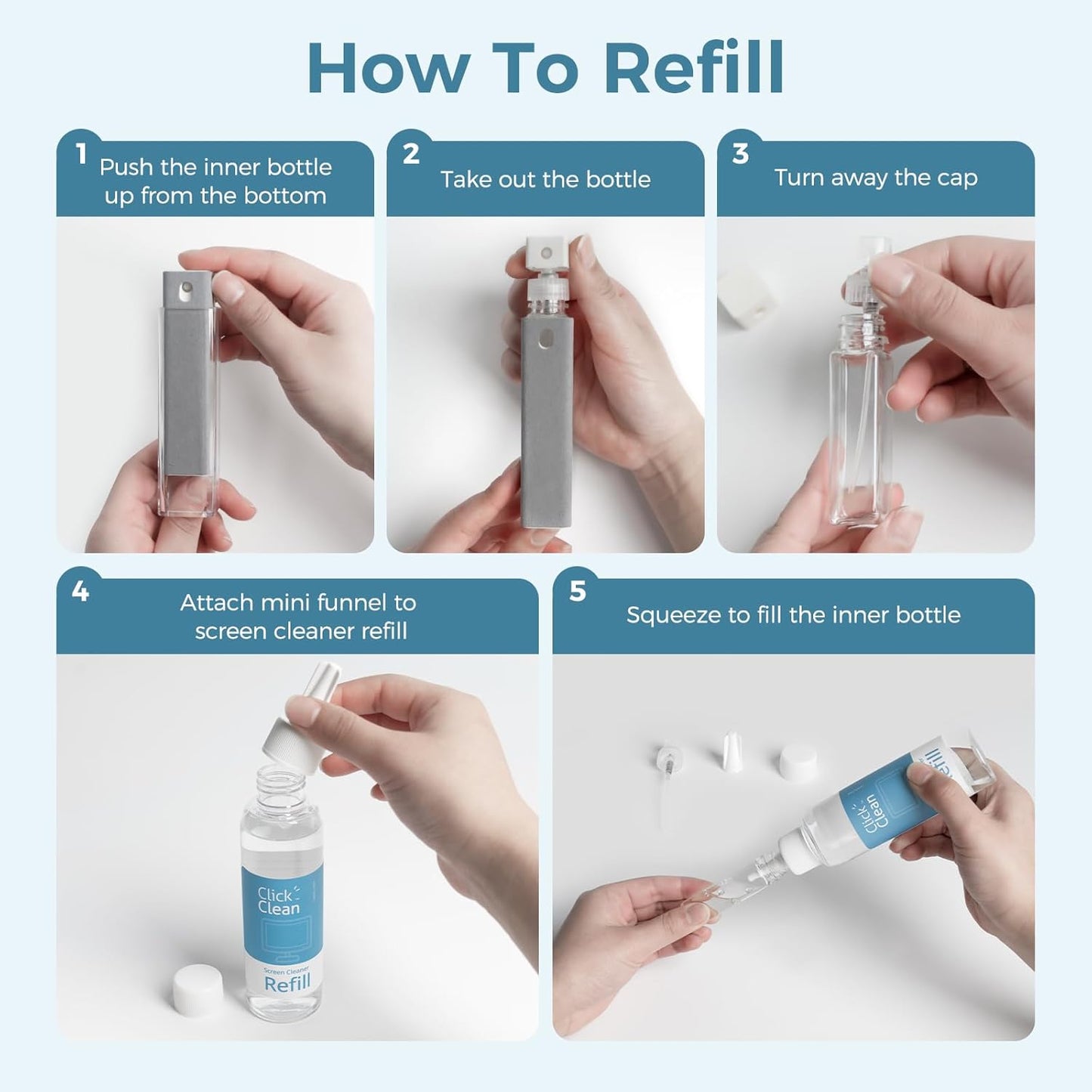 Click Clean Screen Cleaner Kits - 2 All-in-One Mist Cleaner with 4 oz Refill, 1 Microfiber Cloth(7.8 x 7.8in), 1 Mini Funnel, and 1 Sprayer - for All Phones, Laptop and Tablet Screens