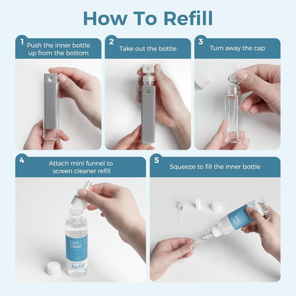 Click Clean Screen Cleaner Kits - 2 All-in-One Mist Cleaner with 4 oz Refill, 1 Microfiber Cloth(7.8 x 7.8in), 1 Mini Funnel, and 1 Sprayer - for All Phones, Laptop and Tablet Screens