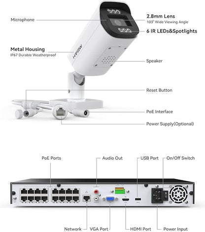 H.VIEW 4K PoE Security Camera System,16CH 8MP NVR with 8TB Large HDD,16pcs 4K Indoor Outdoor PoE IP Cameras,Face/Person/Smart Detection,2 Way Audio,Night Vision,Dual-Disk Backup for 24/7 Recording