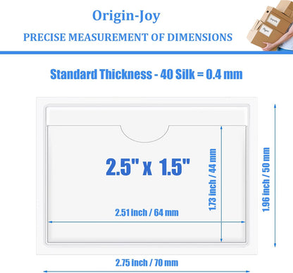 Origin-Joy 60 PCS Self Adhesive Index Card Pockets with Top Open, Clear Plastic Label Holder for Cards of Note, Library and Business, Adhesive Label Pockets & Card Holder (2.5 x 1.5 inch)