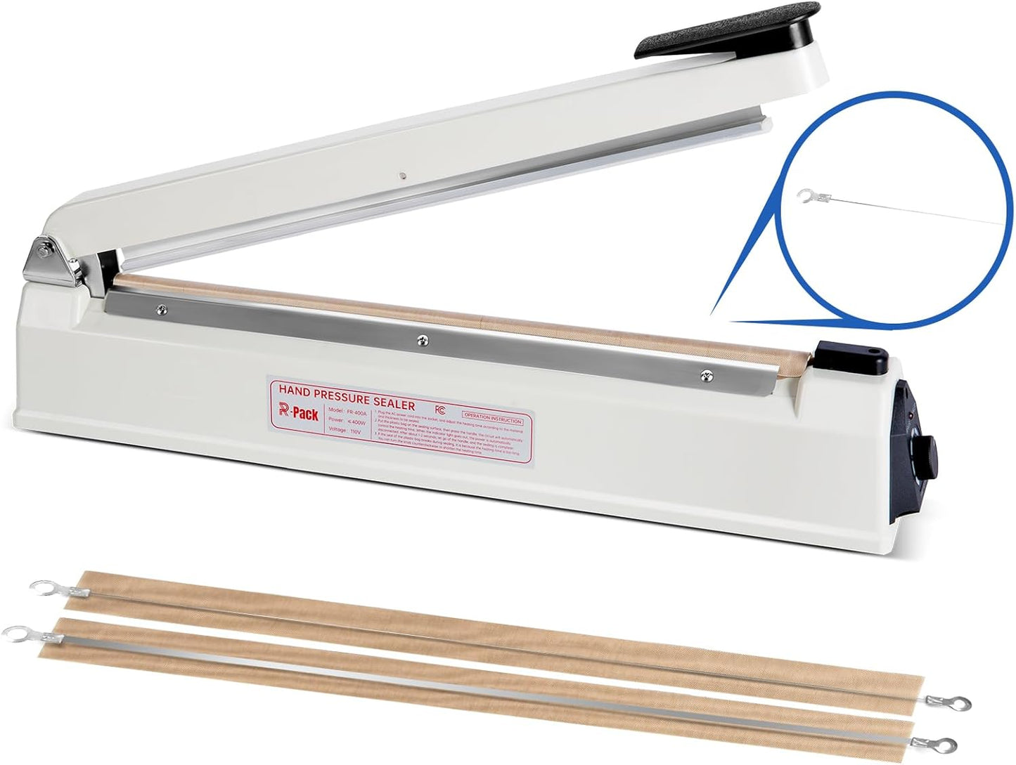 Impulse Heat Sealer with Cutter, Heavy-Duty Bag Sealing & Cutting Machine, 2 Extra Replacements (White, 16-Inch)