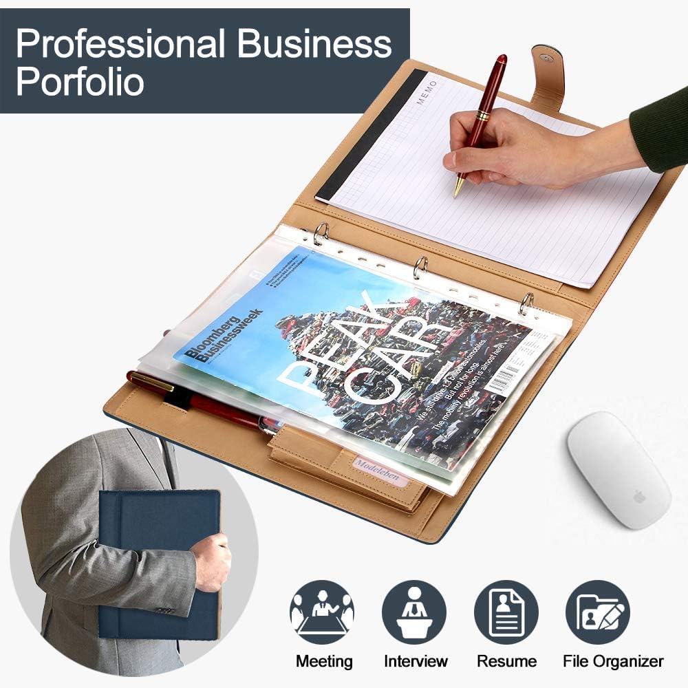 A4 Leather Padfolio with 3 Ring Portfolio Binder with Clipboard Padfolio for Women Men Professional Office Three Binders Organizer with Calculator Planner Portfolio Executive Closure Notebook Folder