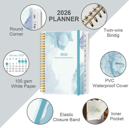 2026 Planner - Planner 2026 from January 2026 - December 2026, Weekly & Monthly Planner Spiral Bound with 12 Monthly Tabs, Inner Pocket, 6.4" x 8.5", Blue Watercolor