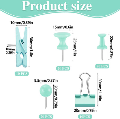 BESARME 200 Pieces Push Pins Set, 5 Types Green Thumb Tacks Cute Decorative Push Pins for Wall Cork Board Bulletin Boards with Storage Box