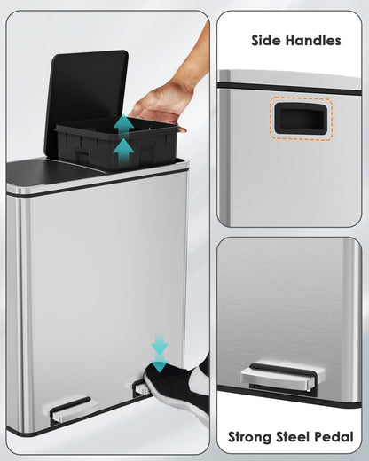 Arlopu 16 GallonStainless Steel Trash Can, 60L Dual Compartment, Metal Kitchen Step Recycle Bin, Metal Double Dustbin, in-Home Garbage Rubbish Can W/Removable Liner Buckets (Silver)