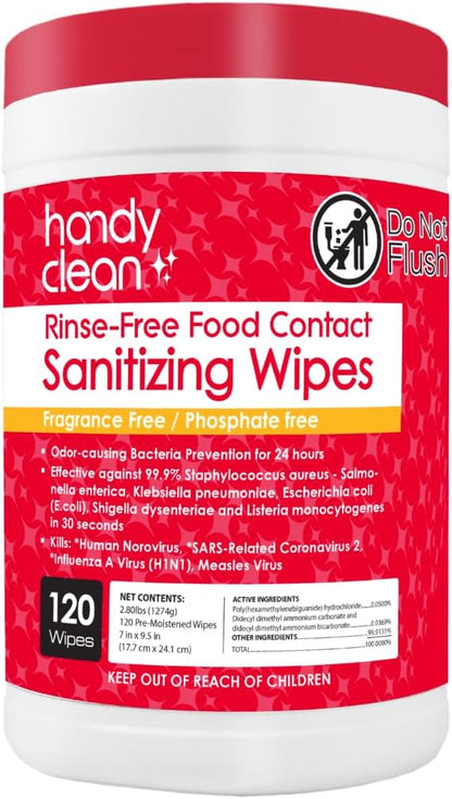 HandyClean Rinse-Free Food Contact Sanitizing Wipes Canister, Multi Surface Cleaning Supplies for Kitchen and Professional Setting One Canister (120 Wipes)