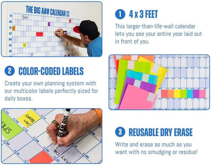 The Big A## Calendar Mid-Year Wall Planner – July to June Dry-Erase – Includes 1 Marker & 100 Labels – Lightweight, Easy to Hang Yearly Planner – Plan Goals & Adventures – Blue, 4’x3’