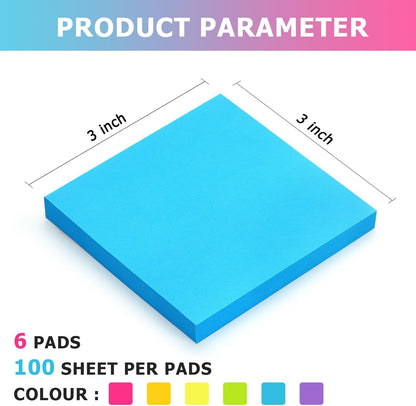 Sticky Notes 3x3 Pop Up Self-Stick Notes Pads with 6 Bright Colors, Easy to Post for Office, School, Home, 6 Pads/Pack, 100 Sheets/Pad(Pop Up)