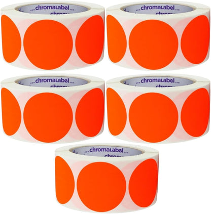 ChromaLabel 2 Inch Round Colored Stickers, High Visibility Sticky Dots Color Coding Labels, Easy to Write On Dot Stickers - 500 Sticker Dots per Roll, Fluorescent Red-Orange - Case of 5