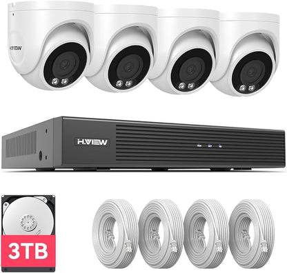 H.VIEW 4K PoE NVR Security Camera System,4pcs 8MP Weatherproof Wired PoE Cameras,Smart Person Detection,One-Way Audio,AI Decetion,H.265+ 4K/8MP 8CH NVR with 3TB HDD for Home 24/7 Recording