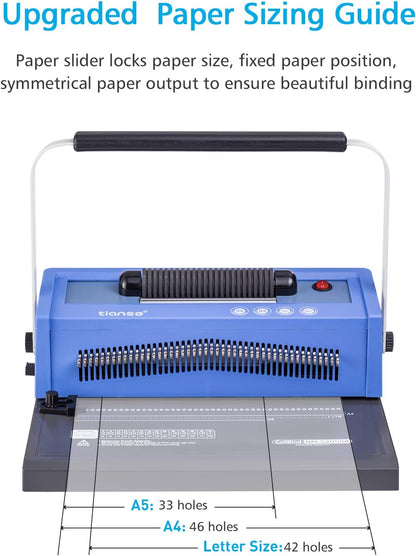 TIANSE Spiral Coil Binding Machine, Manual Book Maker Punch Binder with Electric Coil Inserter, Disengaging pins, Adjustable Side Margin, Comes with 100pcs 5/16'' Plastic Coil Binding Spines & Plier