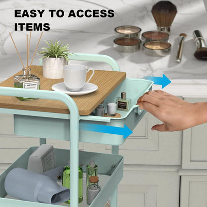 3 Tier Rolling Cart, Utility Cart with Drawer and Table Top, Metal Rolling Kitchen Storage Organizer Cart with Handle and Locking Wheels for Bathroom Office Balcony Living Room