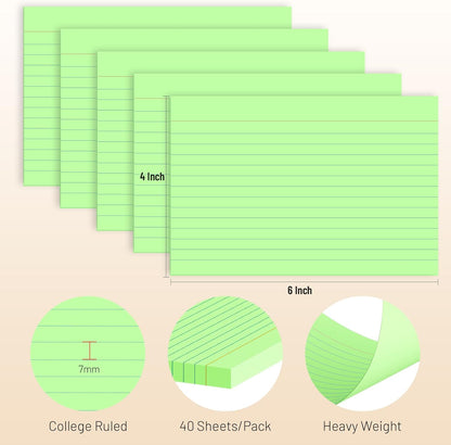 200 Pcs Index Cards 4 x 6 Inch Ruled Green Index Cards, College Ruled Flash Cards for School, College, Office and Home Organization, Durable Study To Do List Note Cards with Ruled Lines, 5 Pack of 40