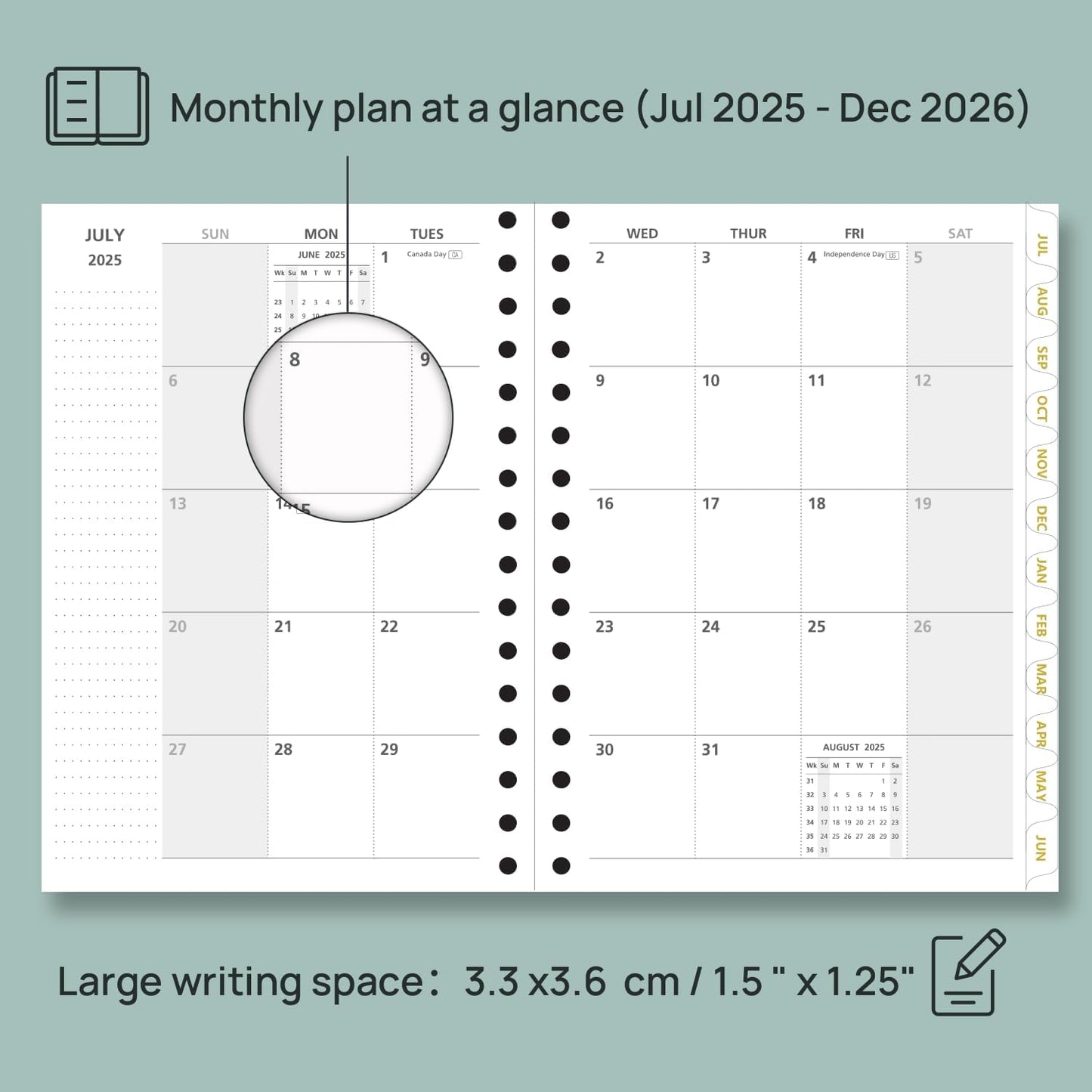 POPRUN Monthly Planner 2025-2026 Spiral Hardcover (6.25'' x 8.5''), 18 Months Calendar (Jul.2025 - Dec.2026)- 2 Pages per Month with Dotted Note Pages, Sunday Start, Laminated Tab - Pacific Green
