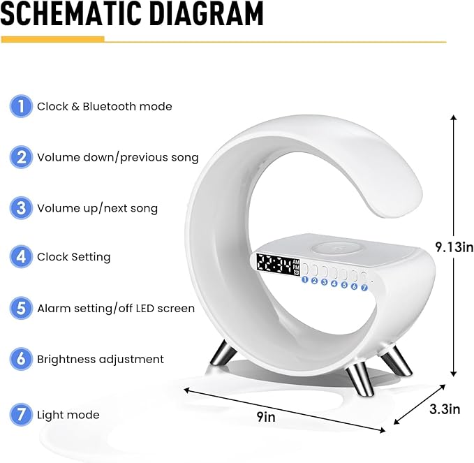 Smart Wireless Charging Alarm Clock with Bluetooth Speaker, App Controlled Bedside Lamp Table Light and Night Light, Bedroom Home Decor, Gift for Girls Boys and Family for Birthday Christmas (White)