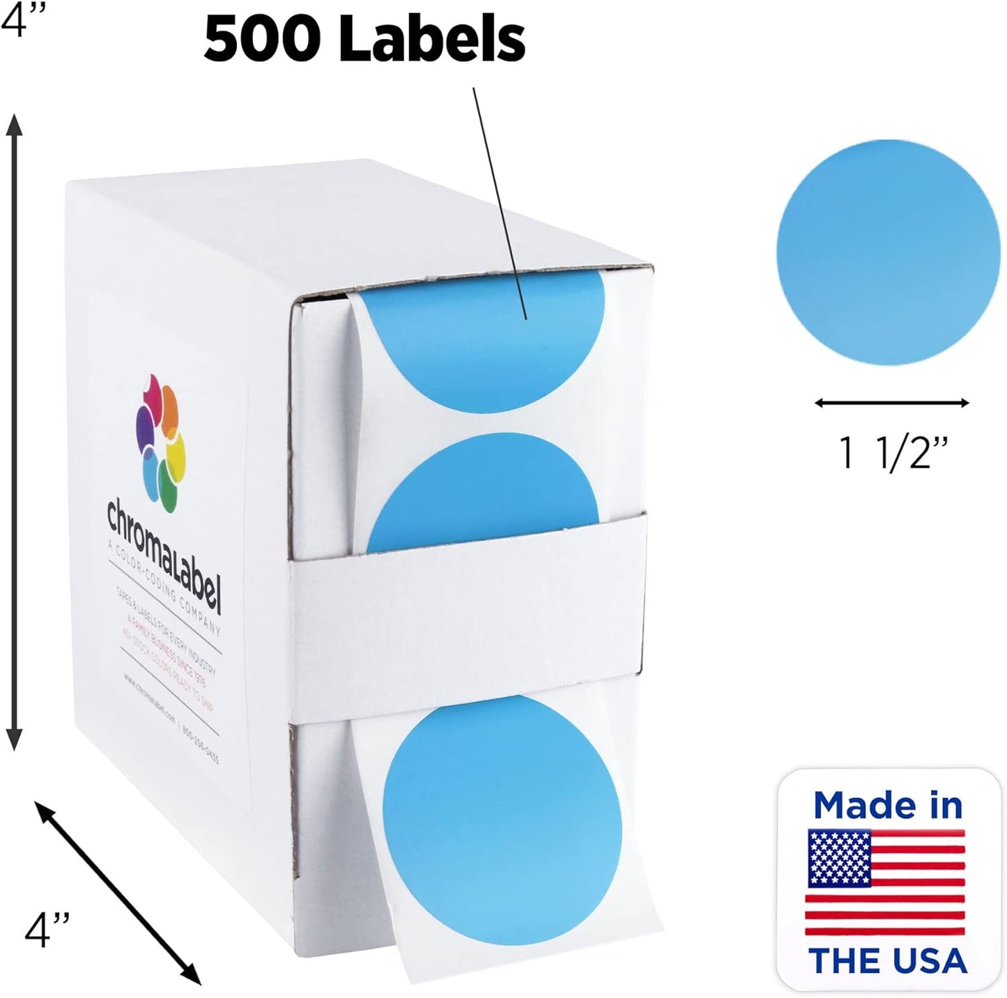 ChromaLabel 1.50 Inch Round Label Permanent Color Code Dot Stickers, 500 Labels per Dispenser Box, Light Blue