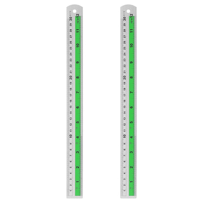 HARFINGTON 2pcs Metal Straight Ruler 30cm Metric SAE Aluminum Alloy Measuring Rulers Scale Tool with Hole for Measure Study Reading Classroom Office, Green