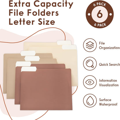 Y YOMA 6 Pack Extra Capacity File Folders Letter Size Accordion Decorative File Folder Cute Pretty Colored Filing Folder File Organizers for Office School Home Desktop with 1/3-Cut Tab, Mocha Color