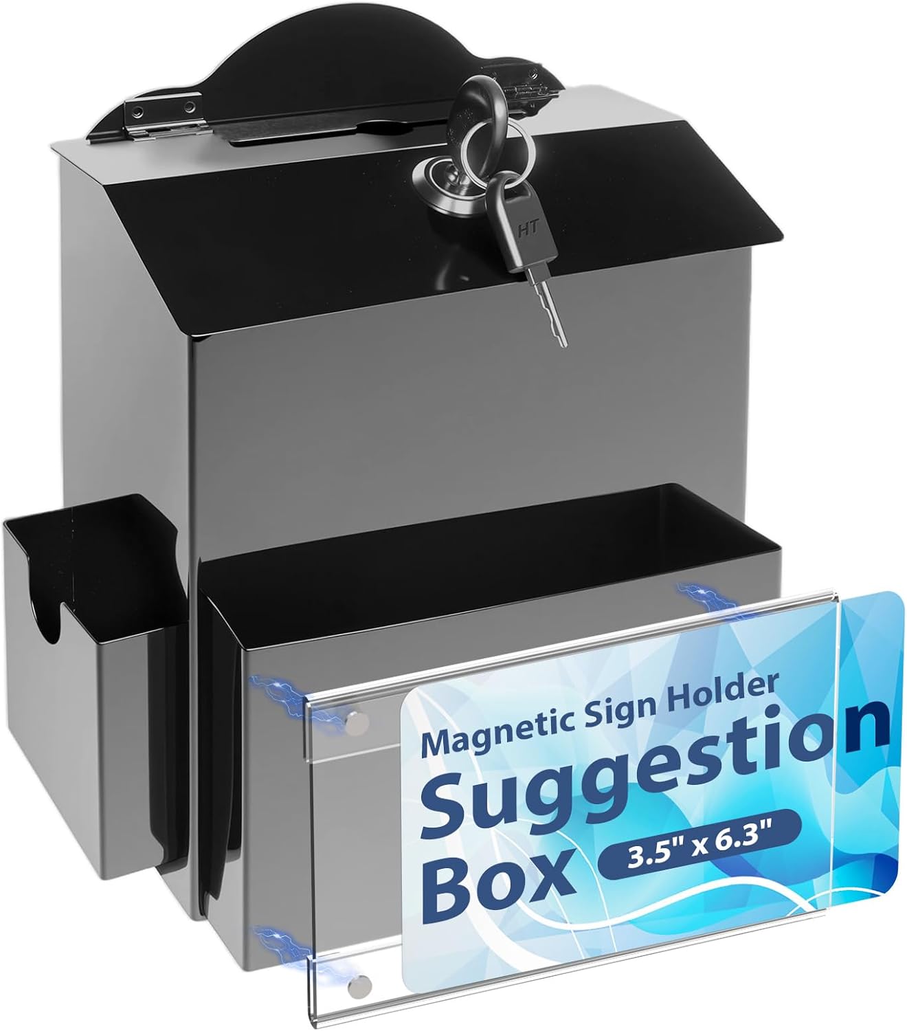 Suggestion Box with Magnetic Sign Holder, Metal Donation Boxes with Lock and Slot, Prayer Drop Ballot Raffle Tip Jars Wall Mounted Box for Fundraising Churches Offices School Black